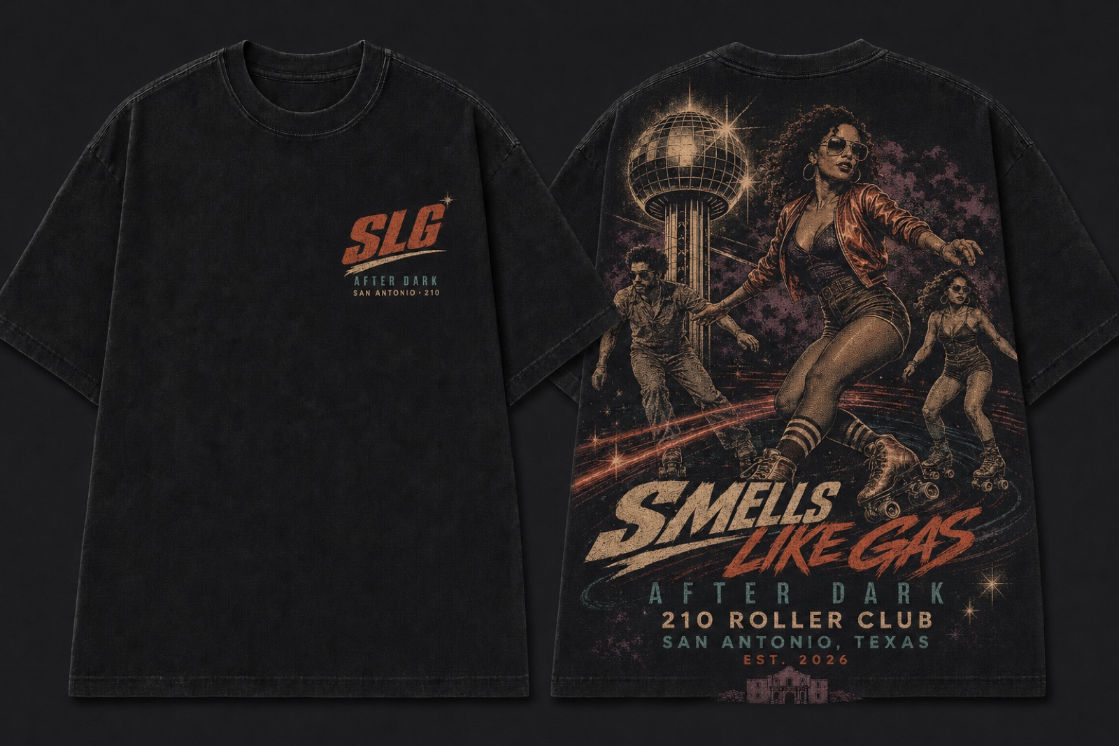 Washed black After Dark San Antonio roller club tee shown from the front and back