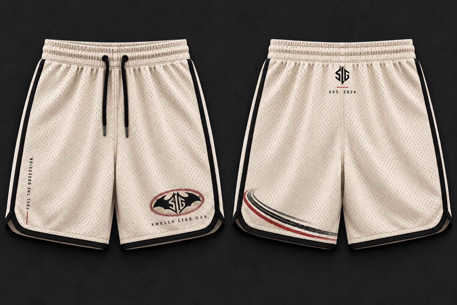 Cream Fuel the Obsession mesh shorts shown from the front and back