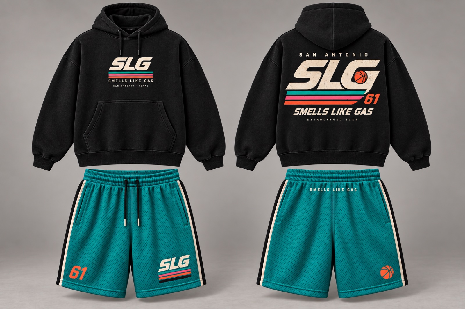 Black Court 61 hoodie and teal mesh shorts shown from the front and back