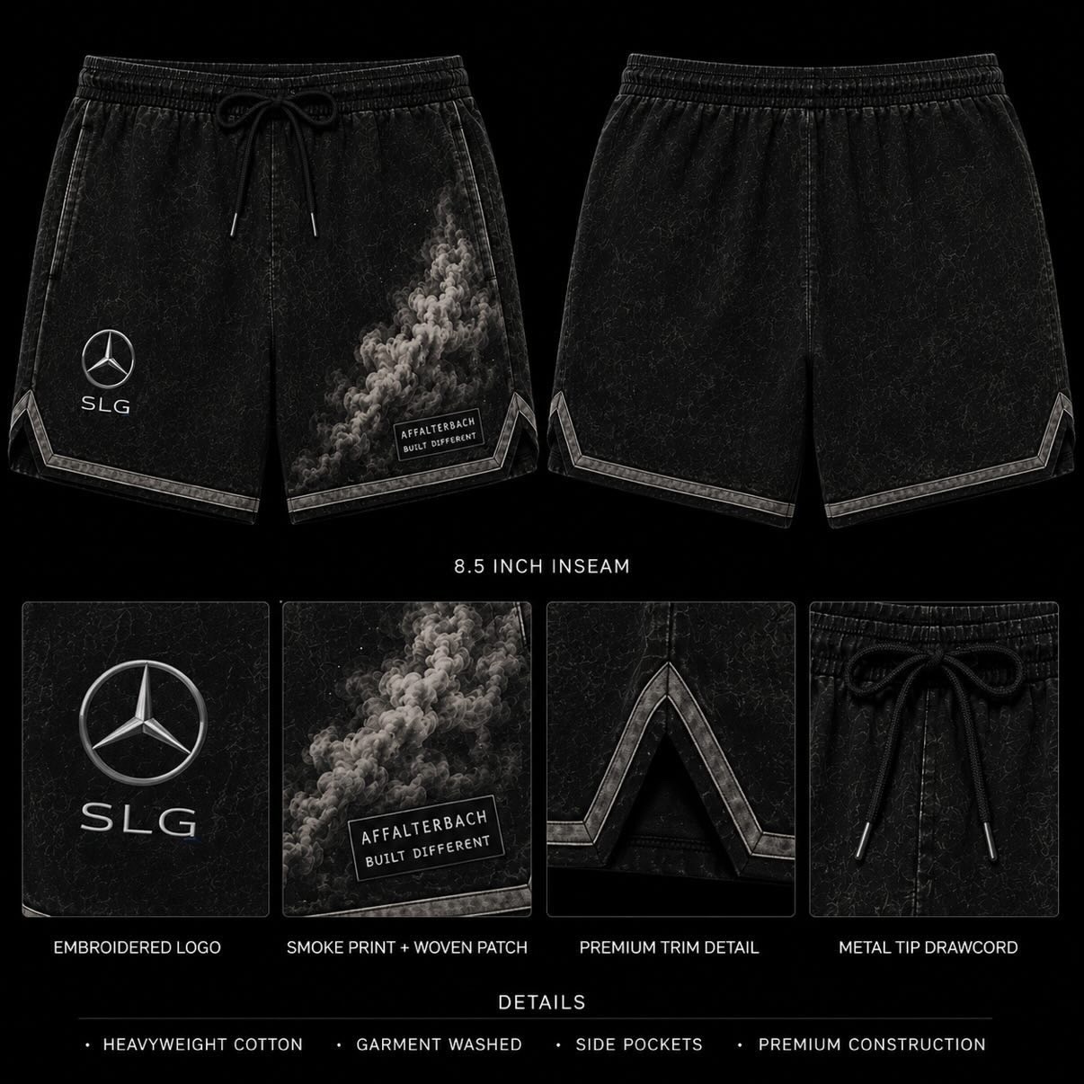 Washed black Engineered Smoke shorts shown from the front, back, and detail views