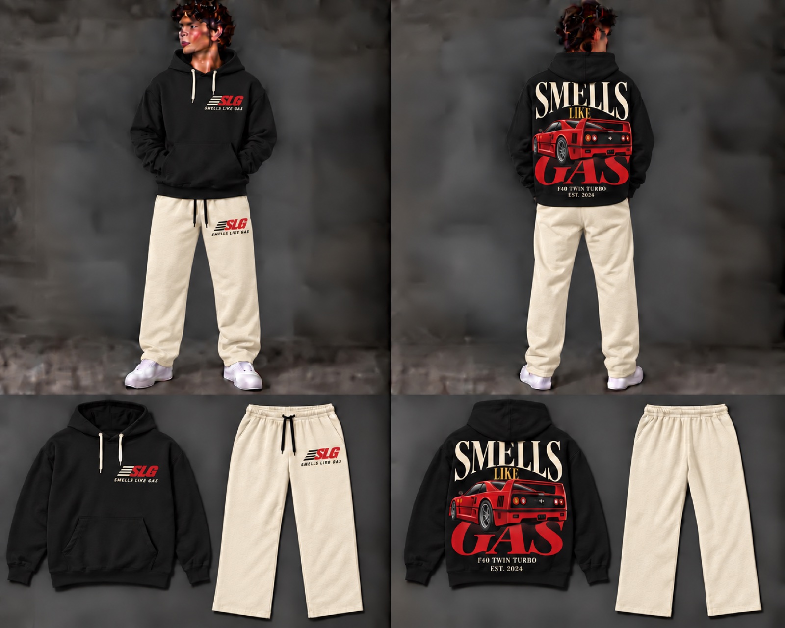 Black F40 graphic hoodie and cream pants shown on a model and laid flat