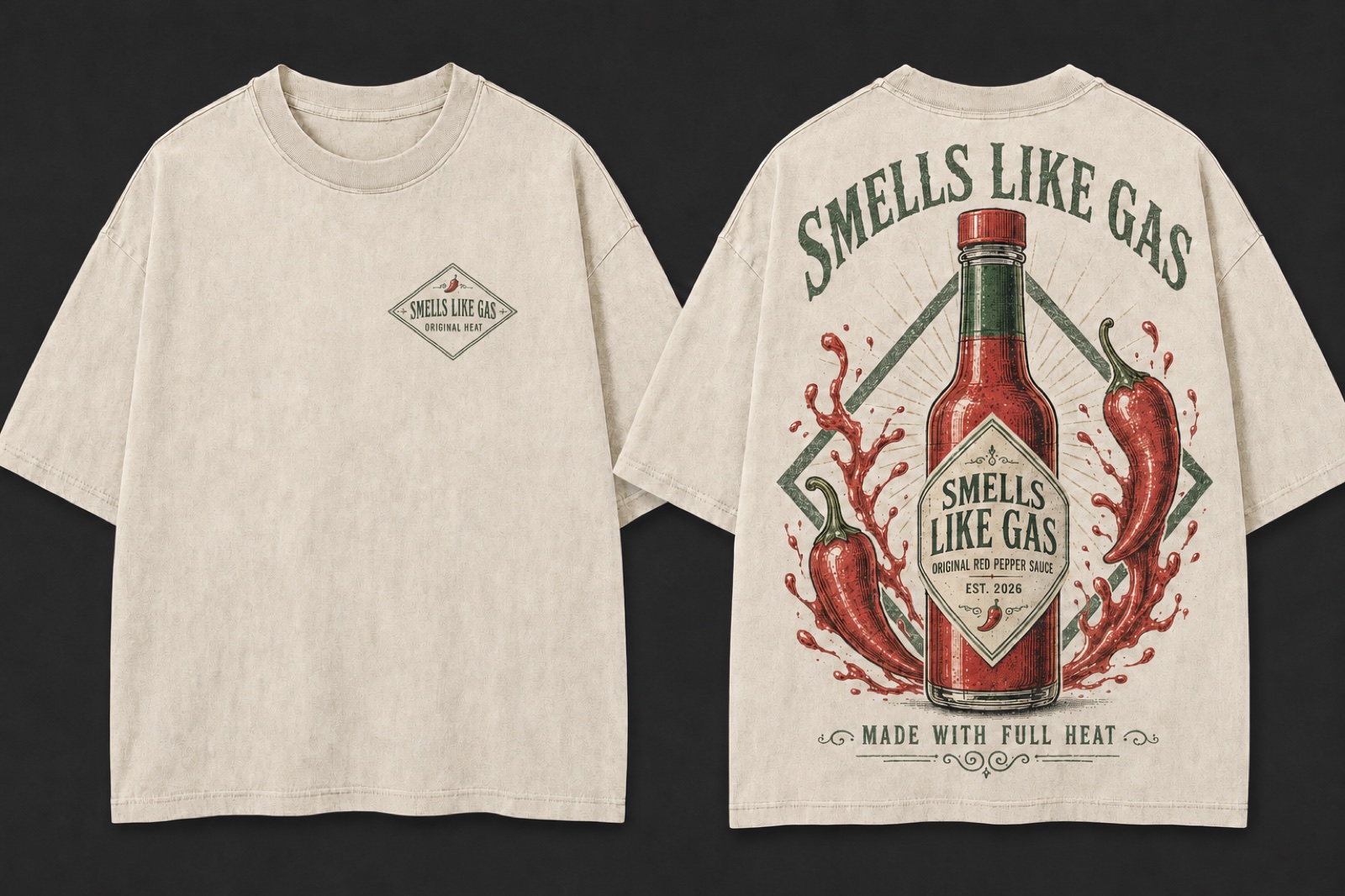 Cream Full Heat hot sauce graphic tee shown from the front and back