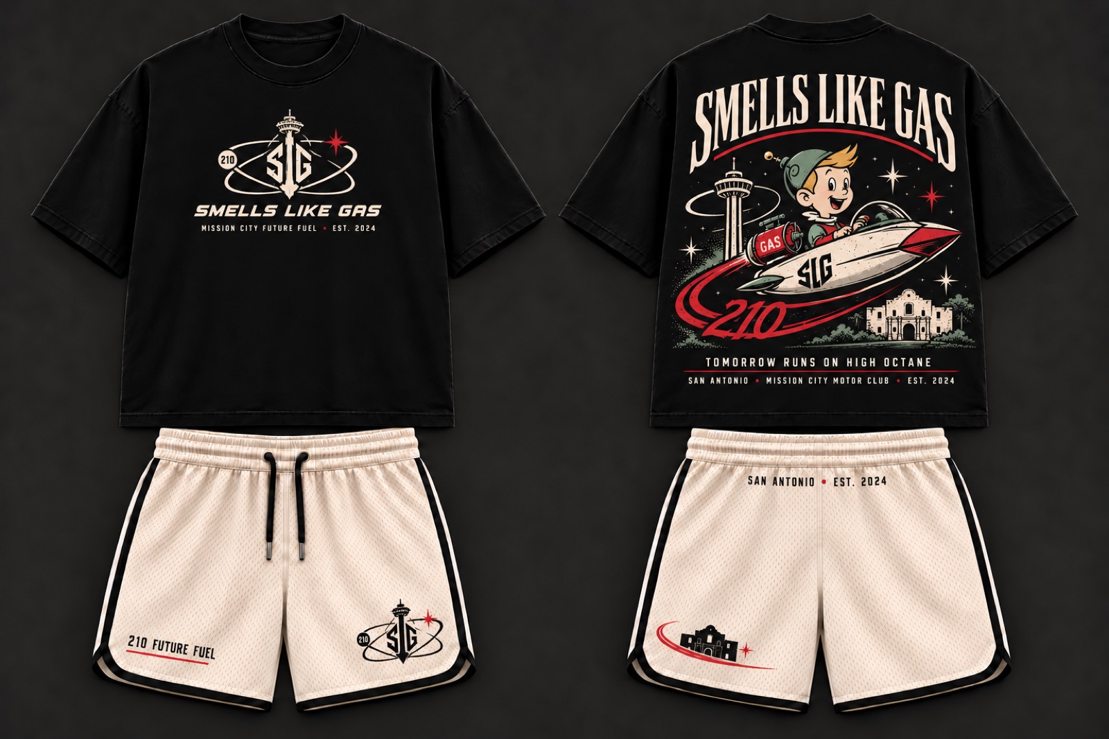 Black Future Fuel 210 graphic tee and cream mesh shorts shown from the front and back