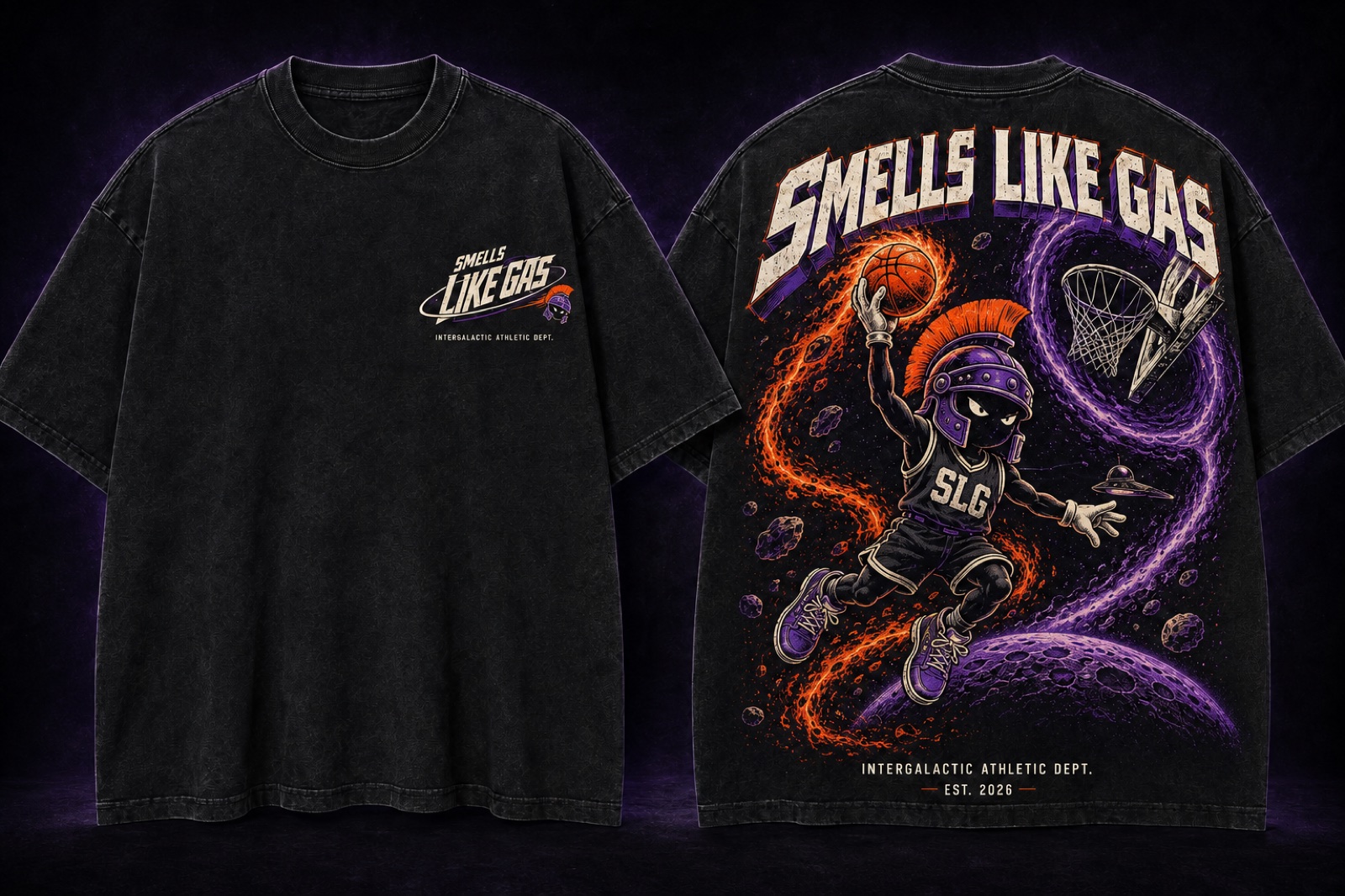 Black intergalactic basketball graphic tee shown from the front and back