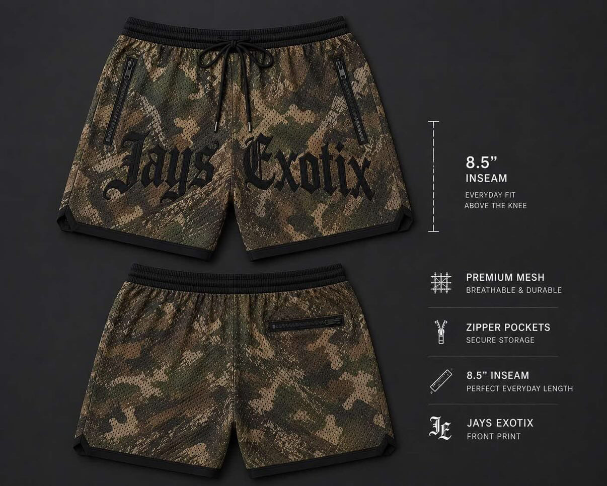 Realtree camo Jays Exotix mesh shorts with black gothic lettering