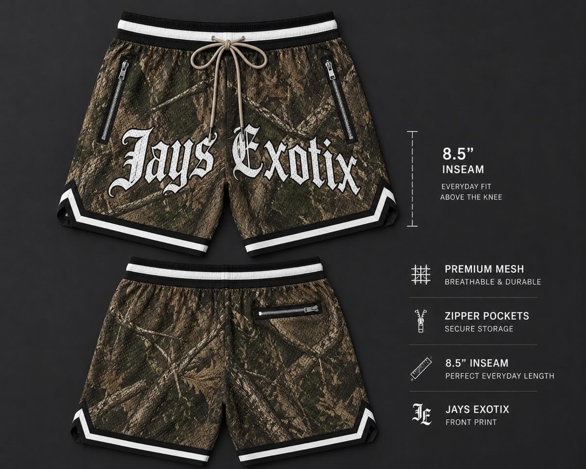 Realtree camo Jays Exotix mesh shorts with white gothic lettering