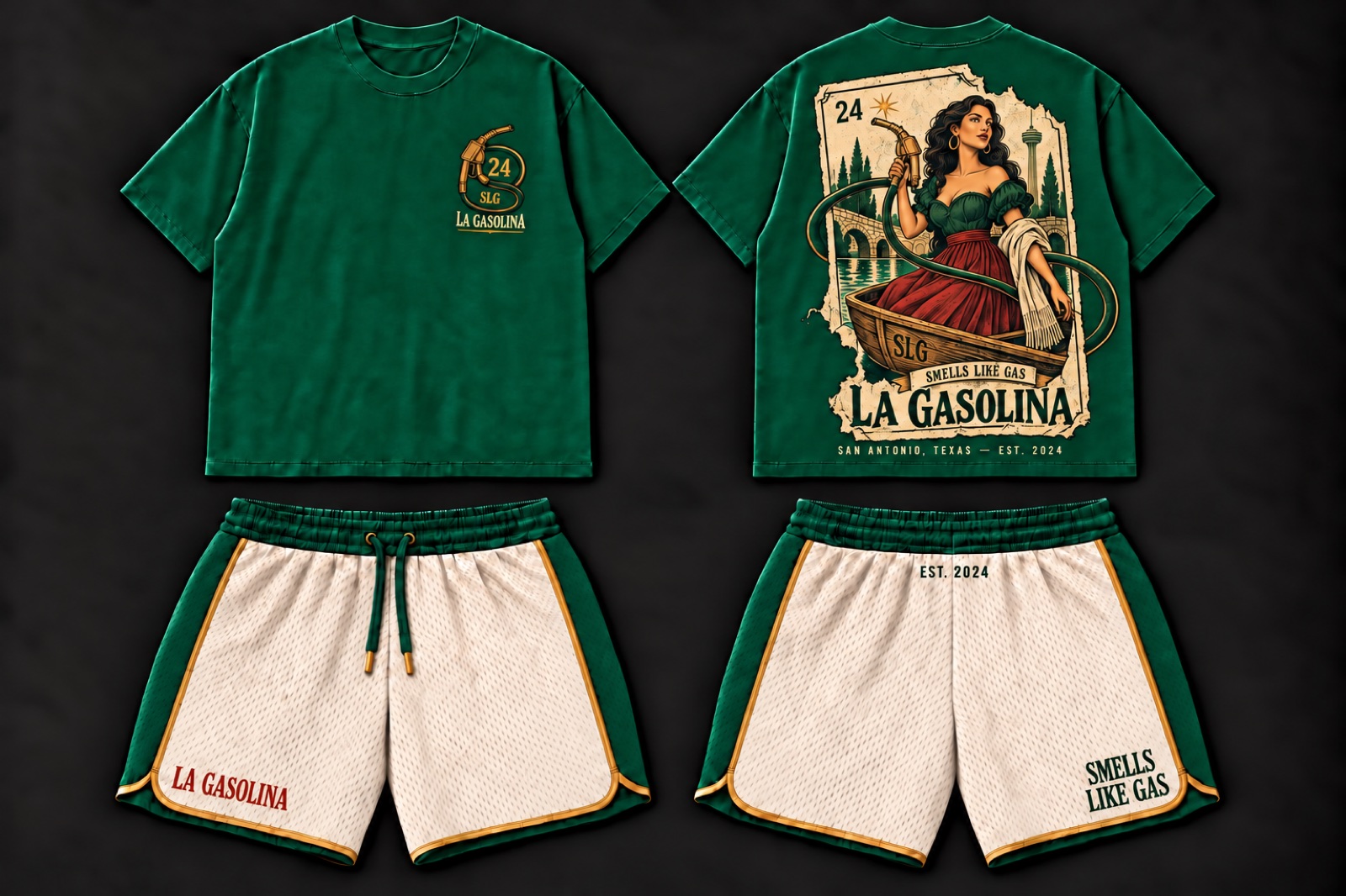 Emerald La Gasolina tee and cream mesh shorts shown from the front and back