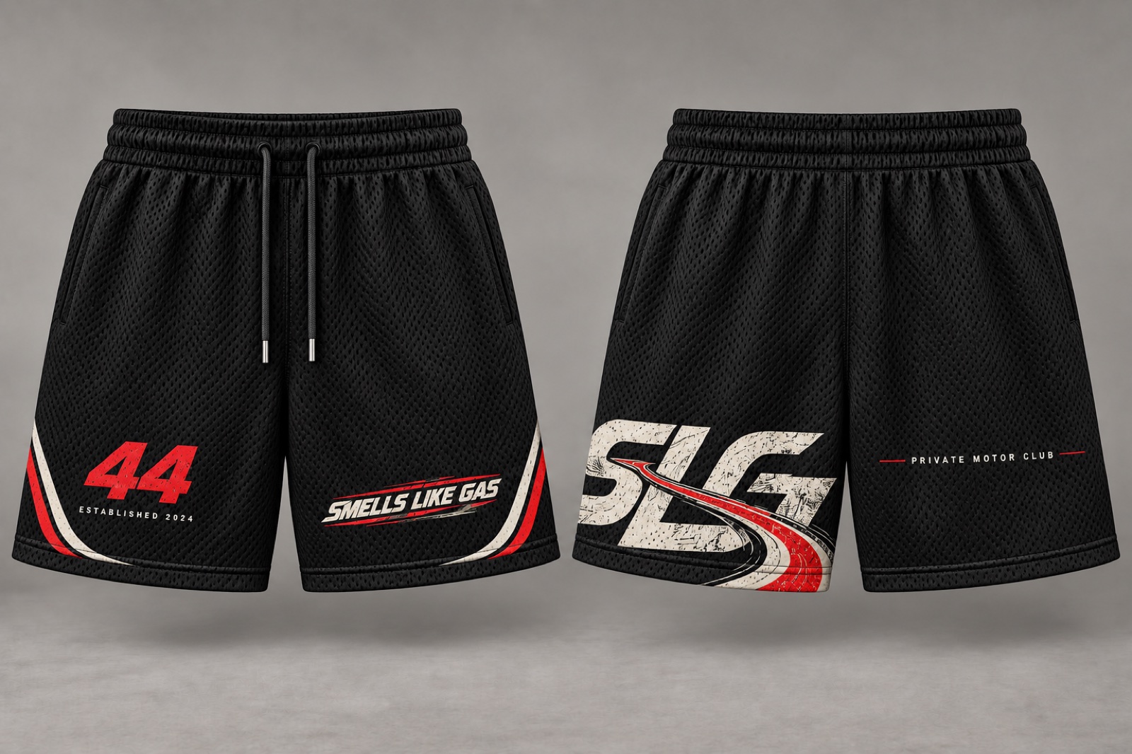 Black Motor Club 44 mesh shorts shown from the front and back