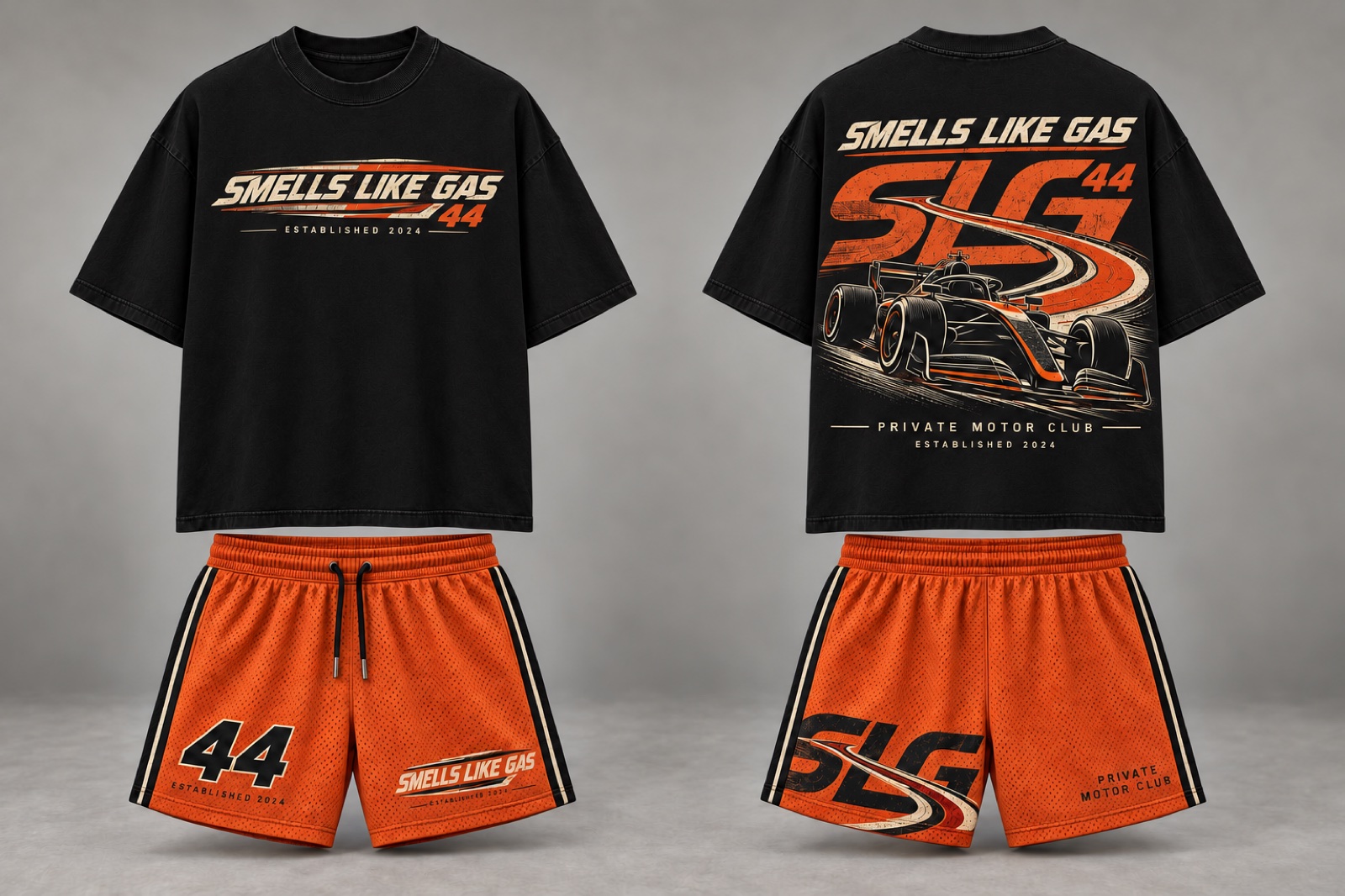 Black Motor Club 44 graphic tee and orange mesh shorts shown from the front and back