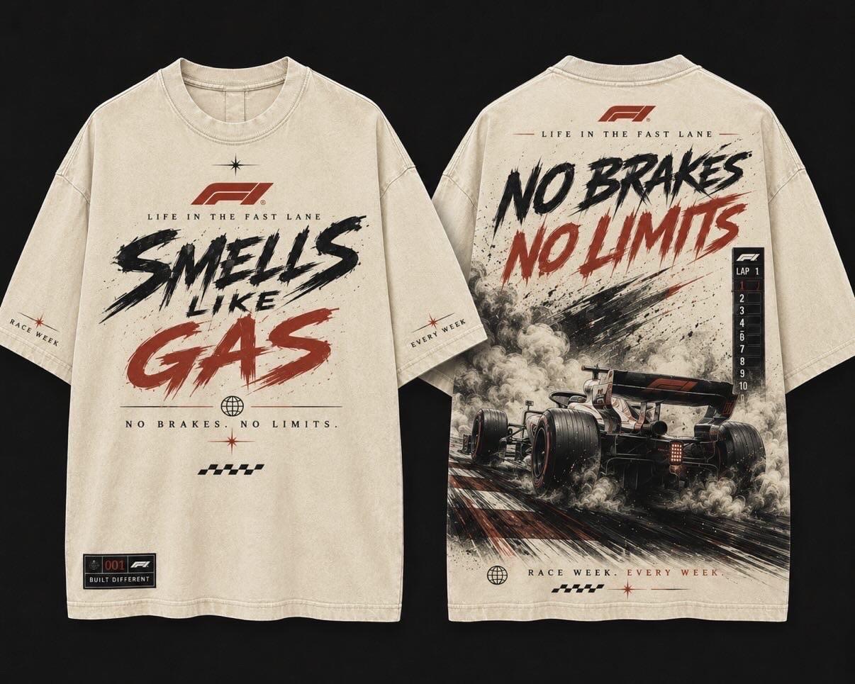 Cream No Brakes No Limits racing tee shown from the front and back