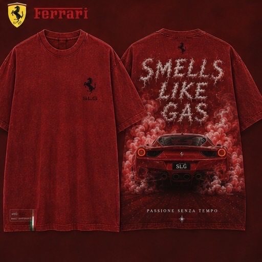 Washed red performance-car smoke graphic tee shown from the front and back
