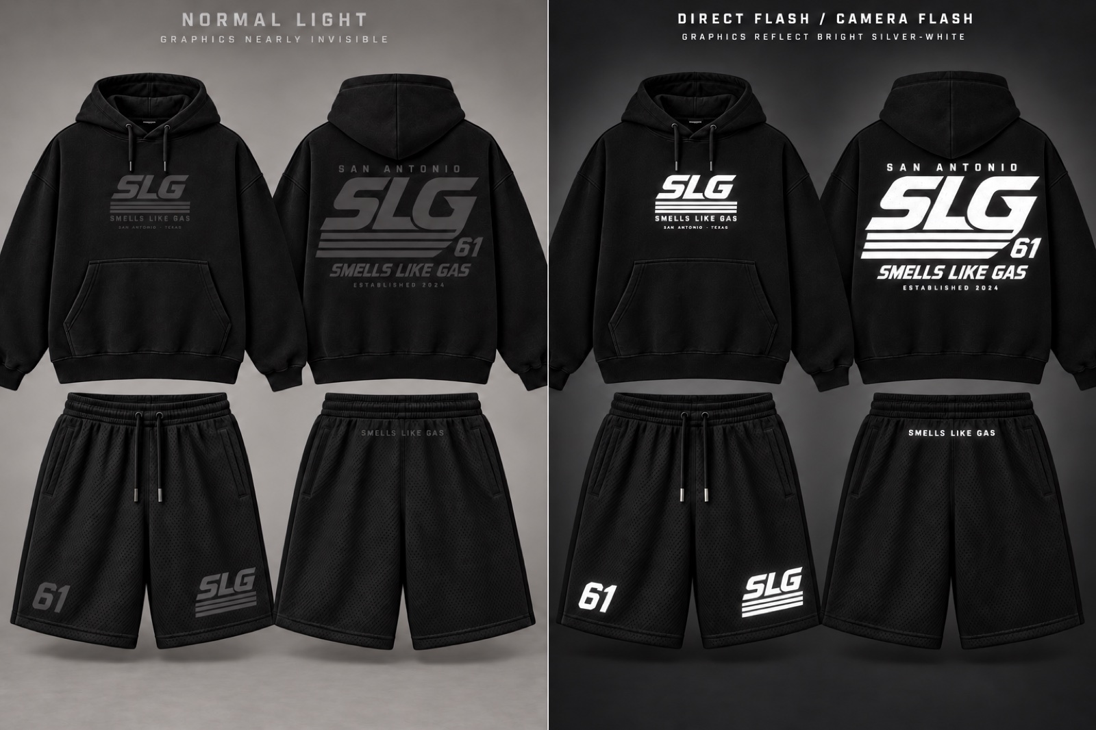 Black reflective SLG hoodie and shorts under normal light and direct flash