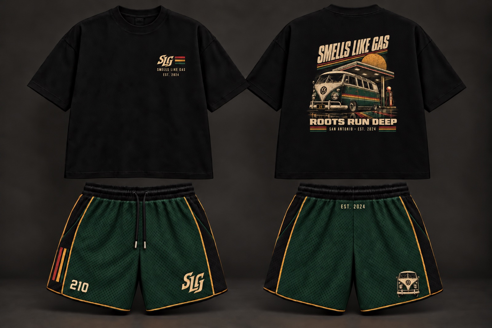 Black Roots Run Deep tee with forest green mesh shorts shown from the front and back