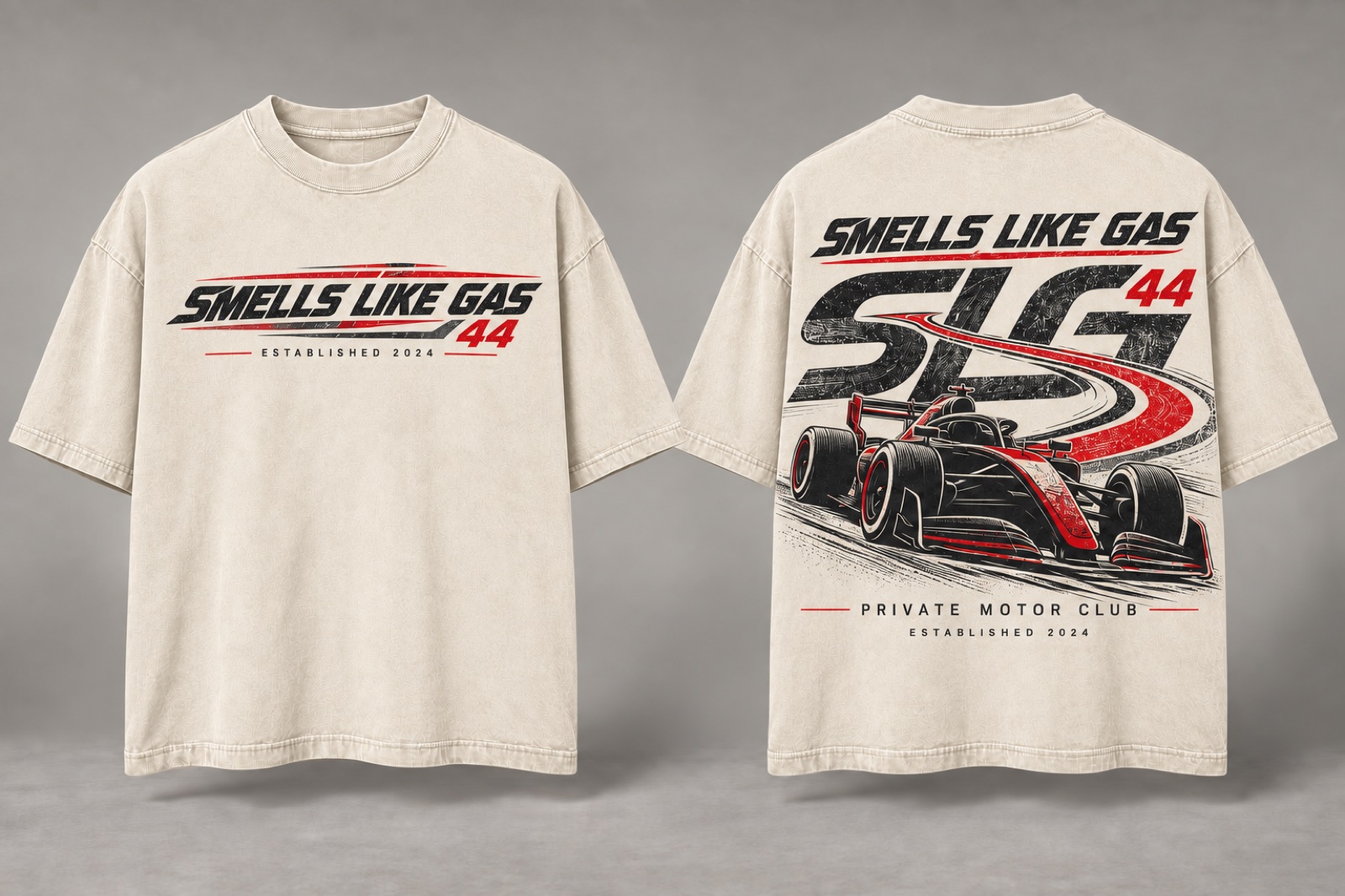 Cream SLG 44 Grand Prix graphic tee shown from the front and back