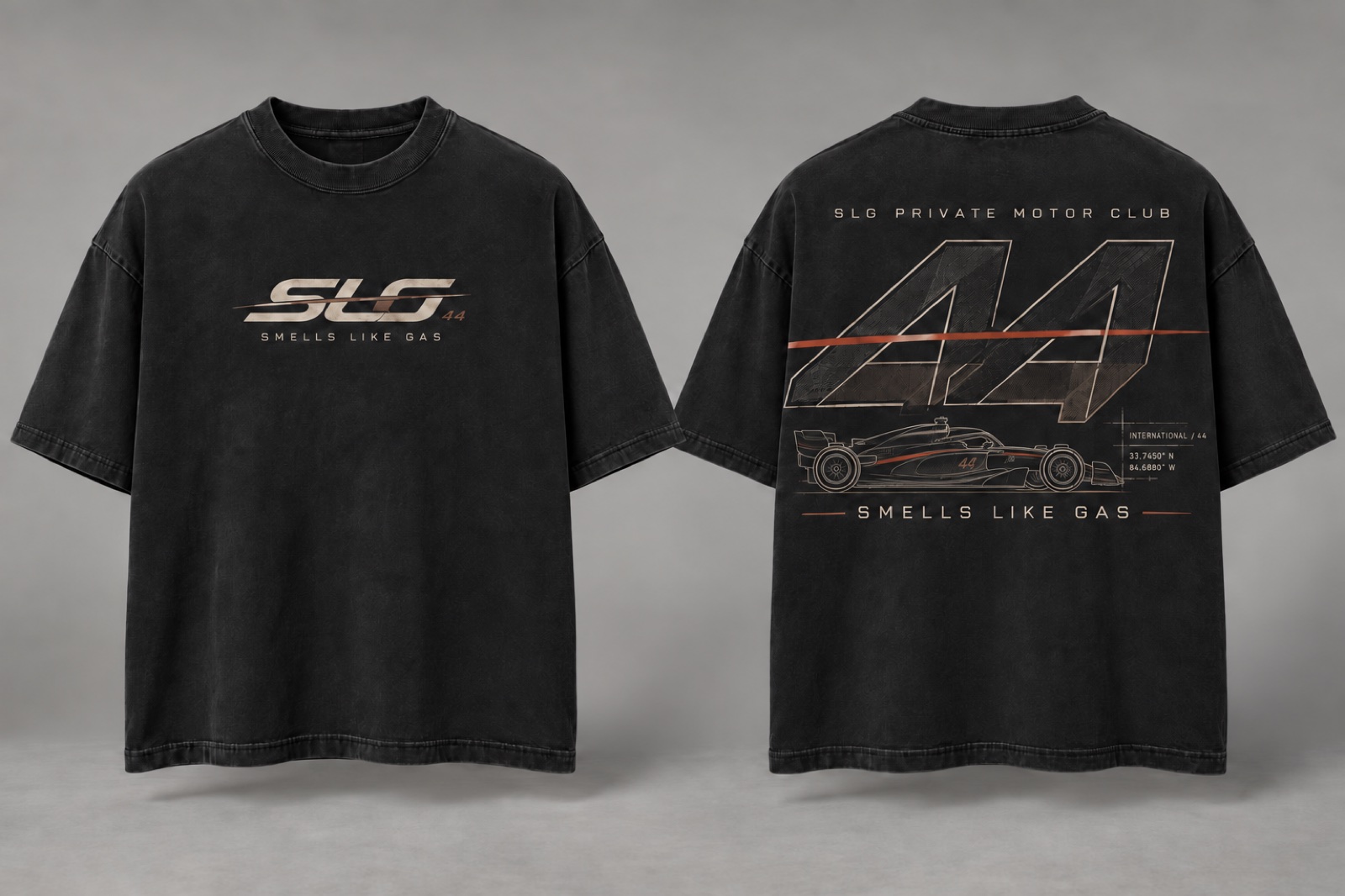 Washed black SLG 44 technical racing tee shown from the front and back