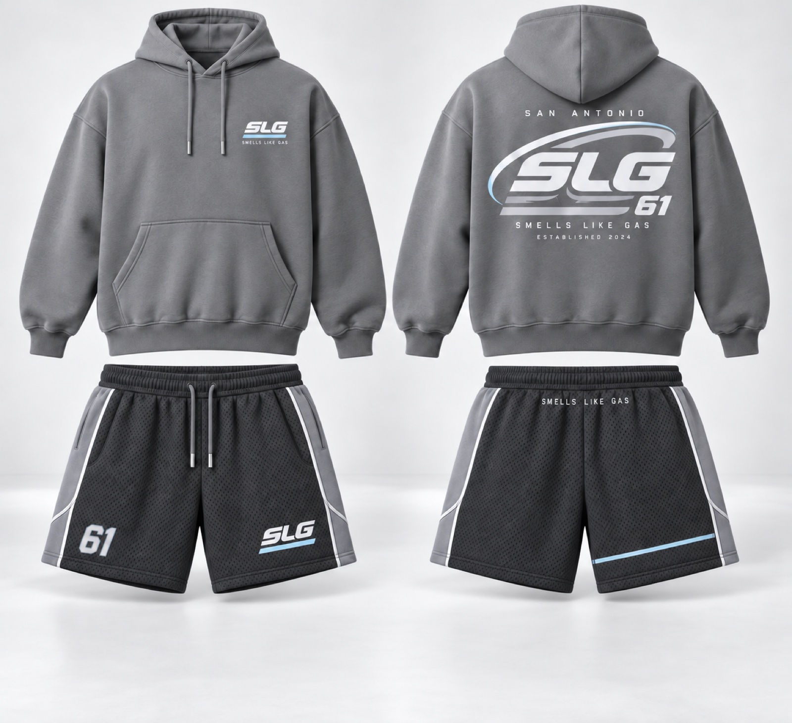 Grey SLG 61 hoodie and black mesh shorts shown from the front and back