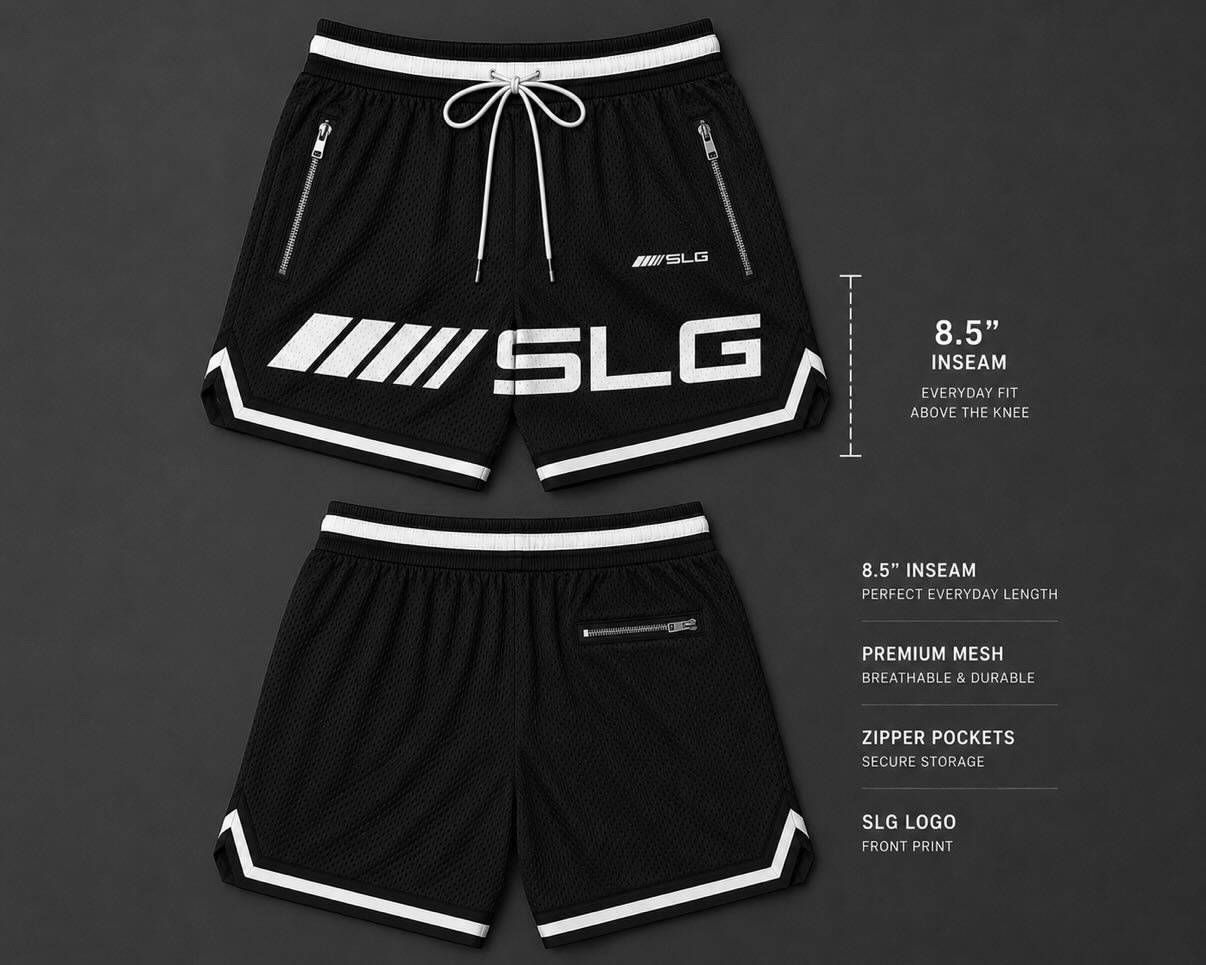 Black SLG logo mesh shorts with white trim shown from the front and back