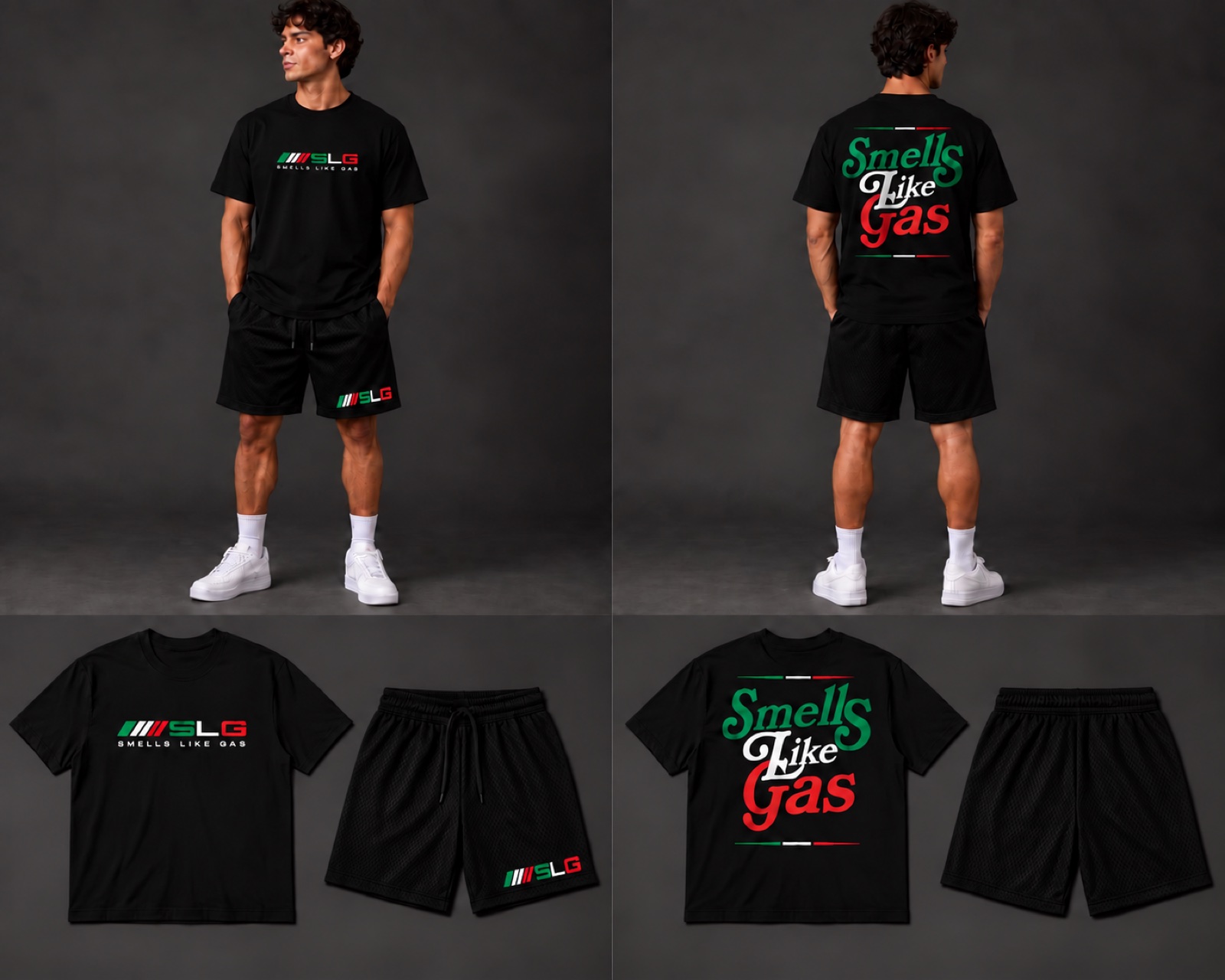 Black tricolor Smells Like Gas tee and mesh shorts shown on a model and laid flat